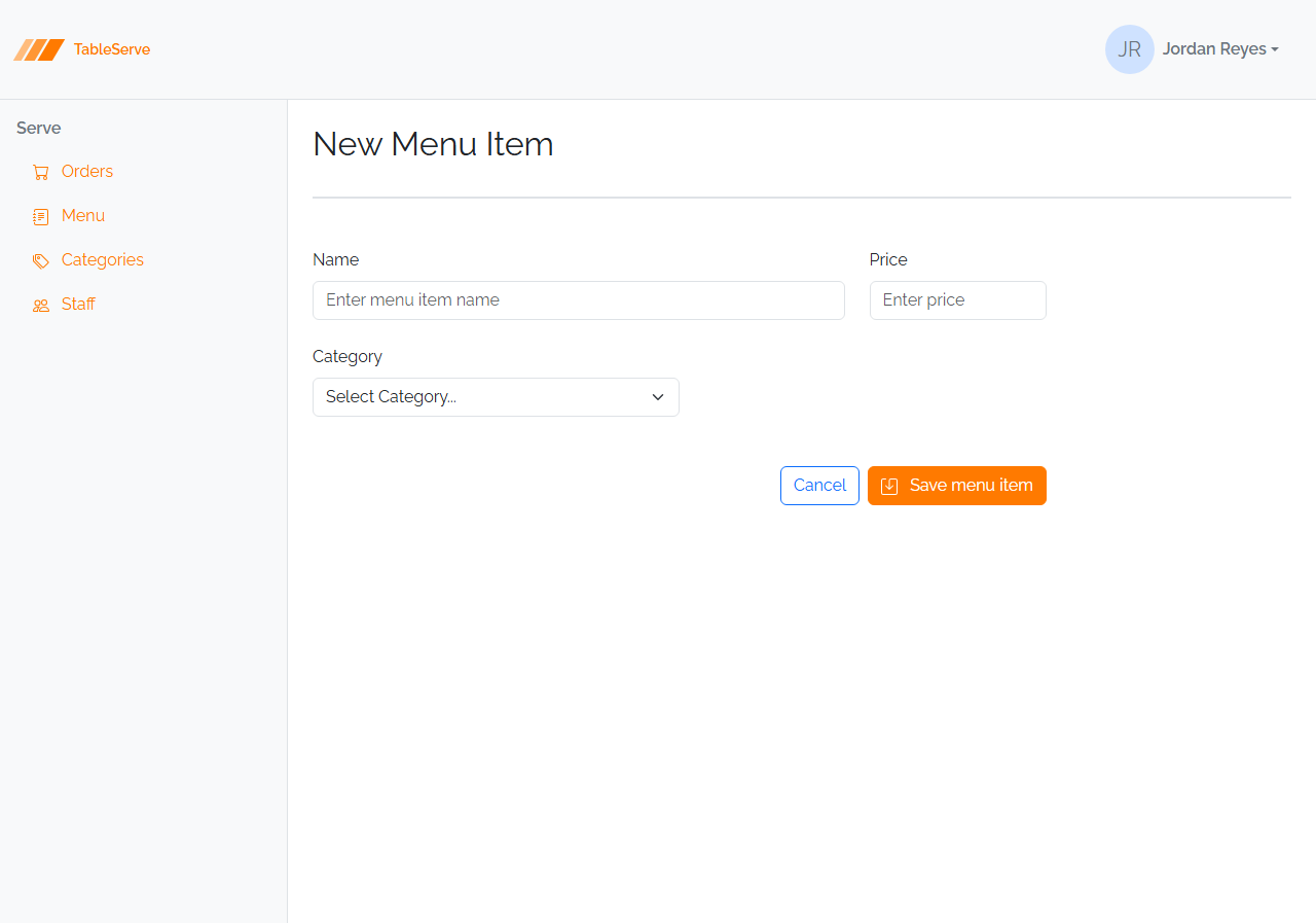 Finished TableServe Menu Item form: Name and Price fields sharing a row, a Category dropdown below, and right-aligned Cancel and Save buttons
