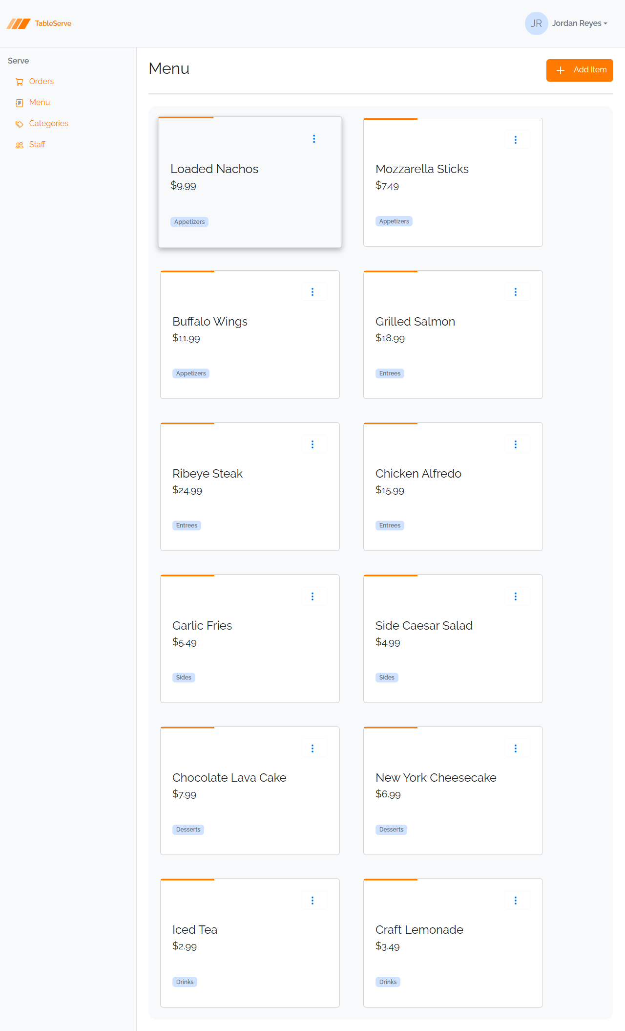 Finished TableServe Menu page: a wrapping grid of menu-item cards, each with a name, price, a category badge, and a three-dots action menu
