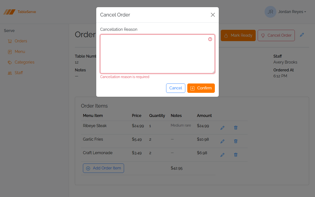 The Cancel Order modal after clicking Confirm with an empty reason: the textarea has a red border and a "Cancellation reason is required" message, and the modal stays open over the Order Detail page
