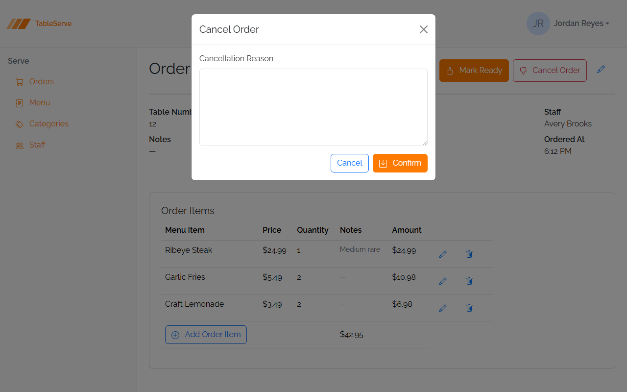 The Cancel Order modal open over the Order Detail page: a Cancellation Reason textarea and Cancel and Confirm buttons