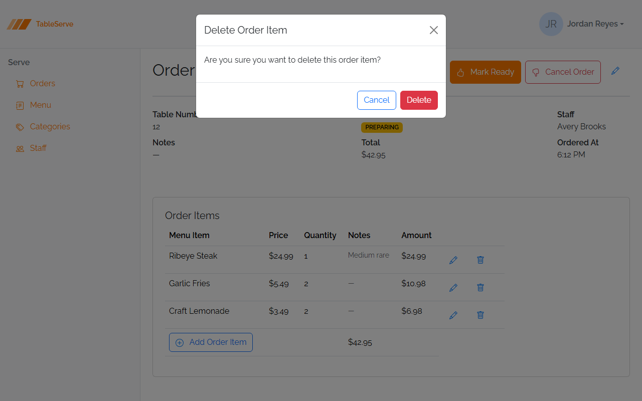 The delete-order-item confirmation modal open over the Order Detail page: a title, a "Are you sure?" question, and Cancel and Delete buttons