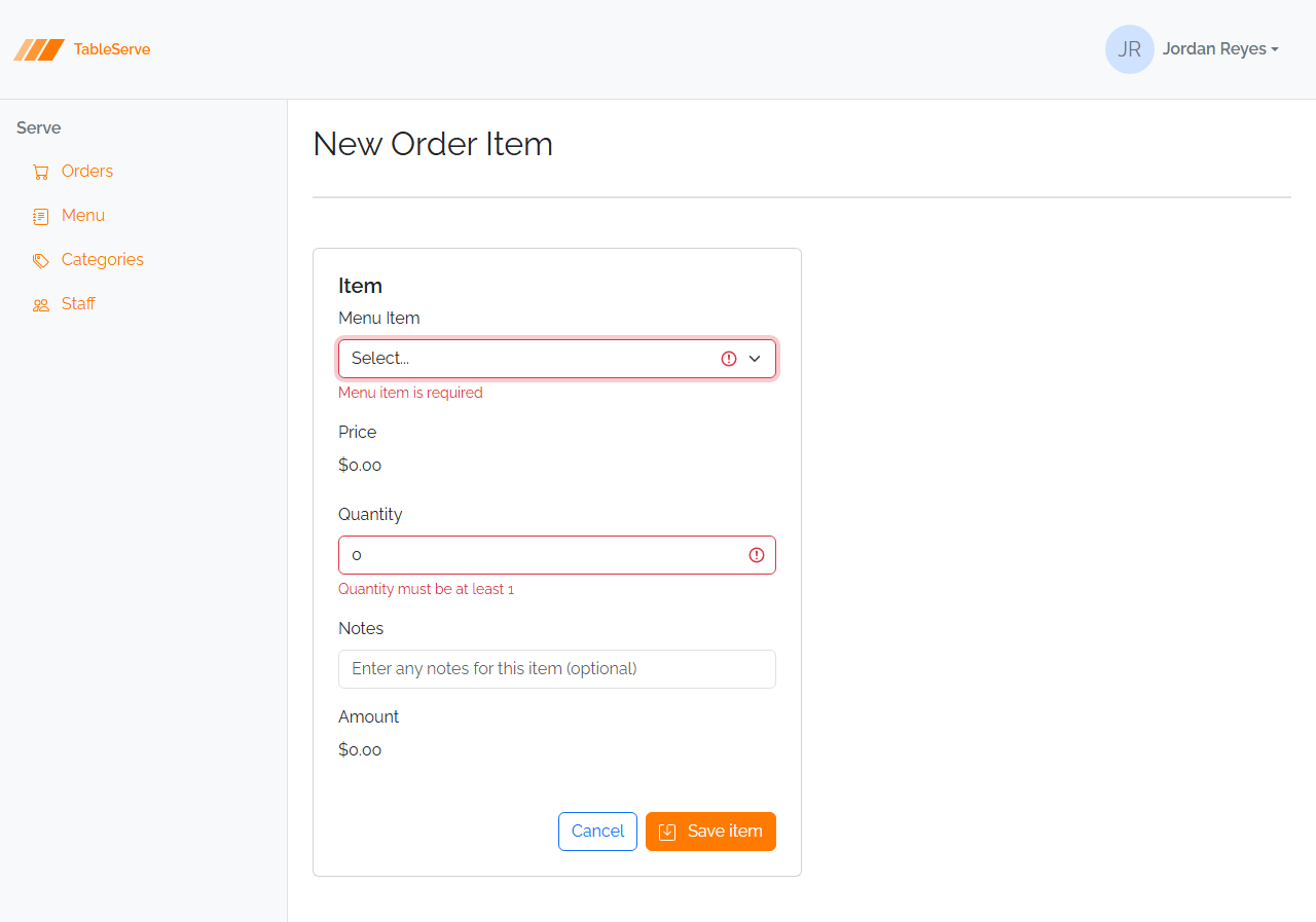 The New Order Item form after submitting empty: the Menu Item dropdown is red with "Menu item is required" and the Quantity field (value 0) is red with "Quantity must be at least 1"; the optional Notes field stays clean