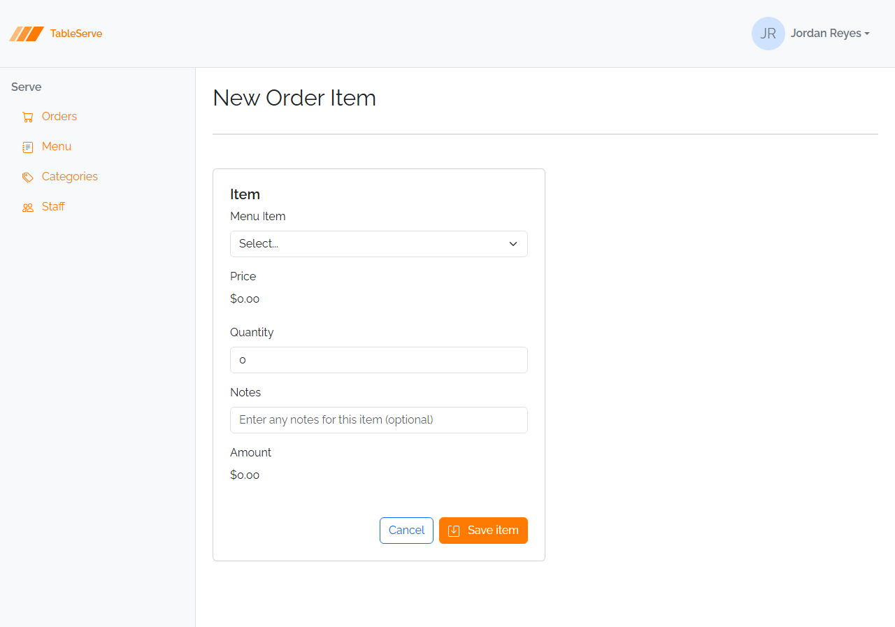 Finished TableServe Order Item form in a card titled "Item": a Menu Item dropdown, a display-only Price, a Quantity input, a Notes input, a display-only Amount, and Cancel and Save buttons