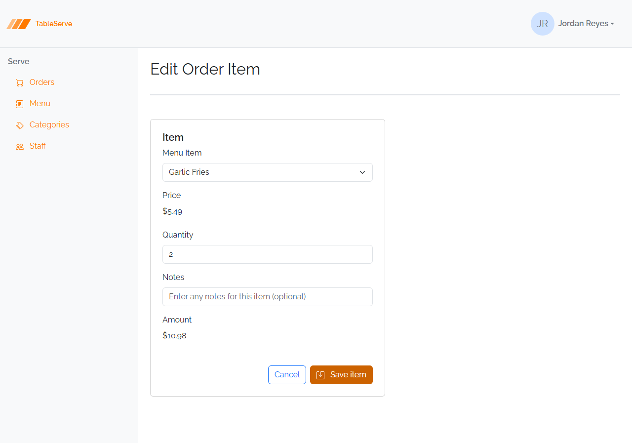 Finished TableServe Order Item edit form: a Menu Item dropdown, a display-only Price, a Quantity input, a Notes field, and a display-only Amount, with Cancel and Save buttons