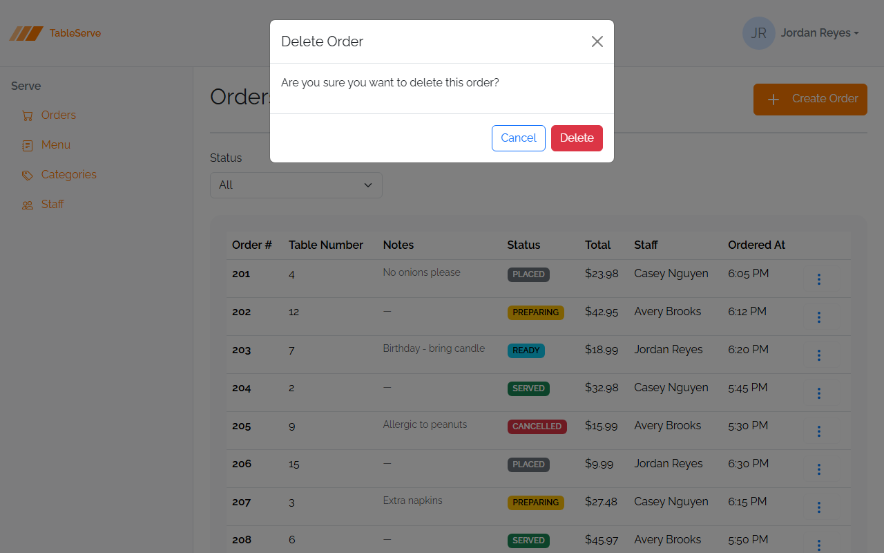 A delete-order confirmation modal open over the Orders list: a title, a "Are you sure?" question, and Cancel and Delete buttons