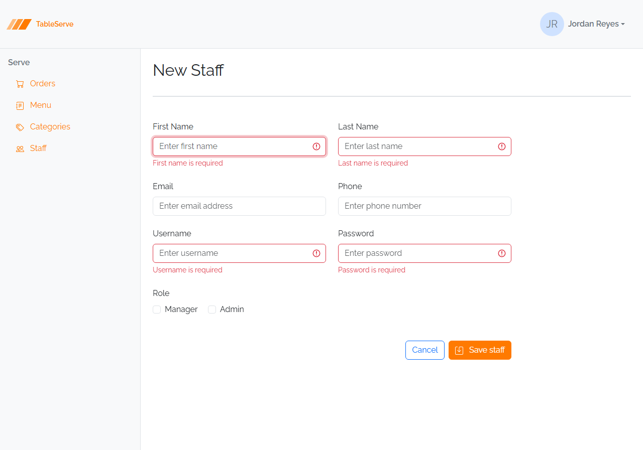 The New Staff form after submitting empty: First Name, Last Name, Username, and Password are red with "… is required" messages, while the optional Email and Phone fields stay clean