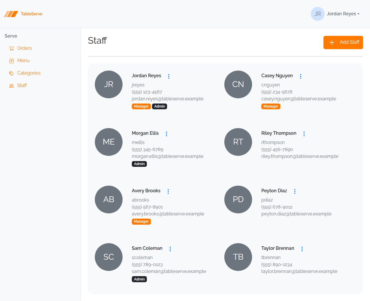 Finished TableServe Staff page: a wrapping grid of staff cards, each showing a name, username, phone, email, and role badges, with a three-dots action menu