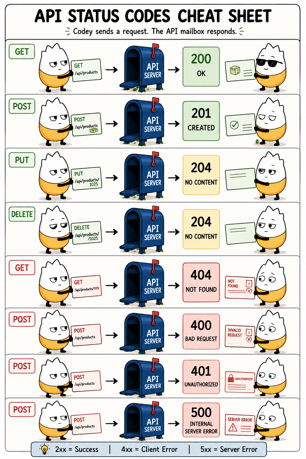 API status codes cheat sheet: GET→200, POST→201, PUT/DELETE→204, and the 4xx/5xx error cases