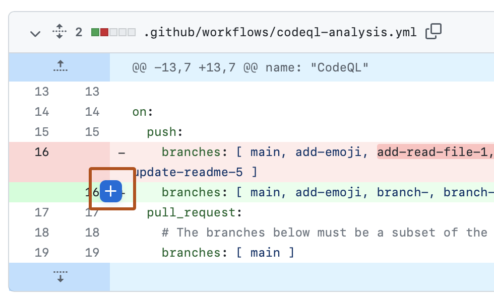 Hovering a line in a diff reveals a blue plus-sign button in the left gutter for adding a line comment
