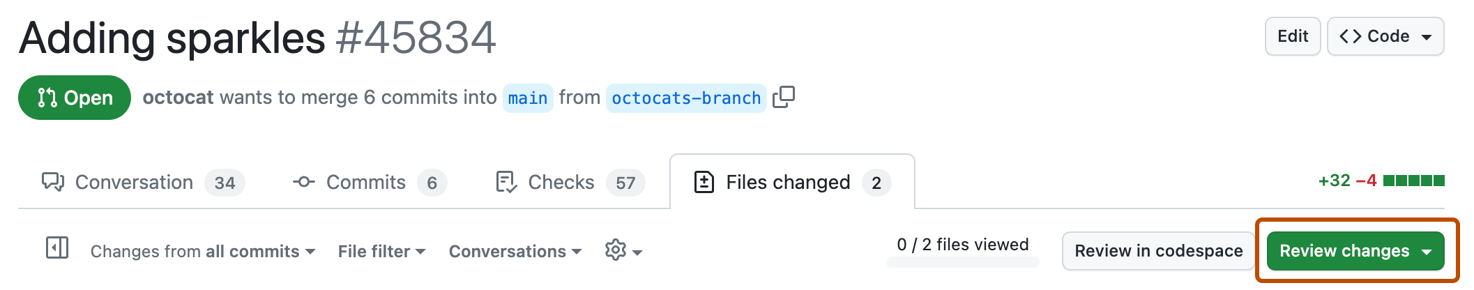 The Review changes button above the diff, with the review summary box and the Comment, Approve, and Request changes options