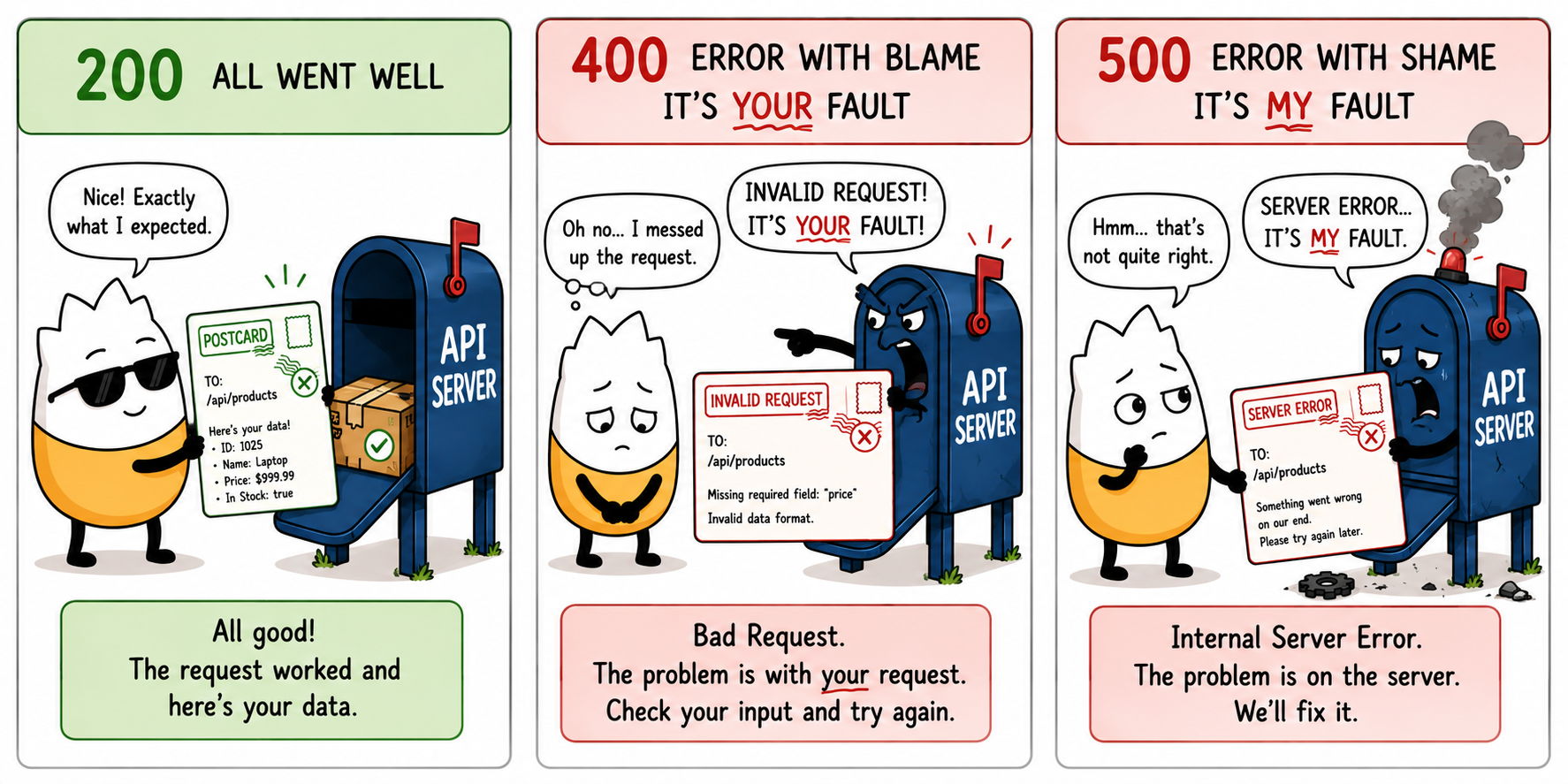 200 all went well; 400 error with blame — it's your fault; 500 error with shame — it's my (the server's) fault